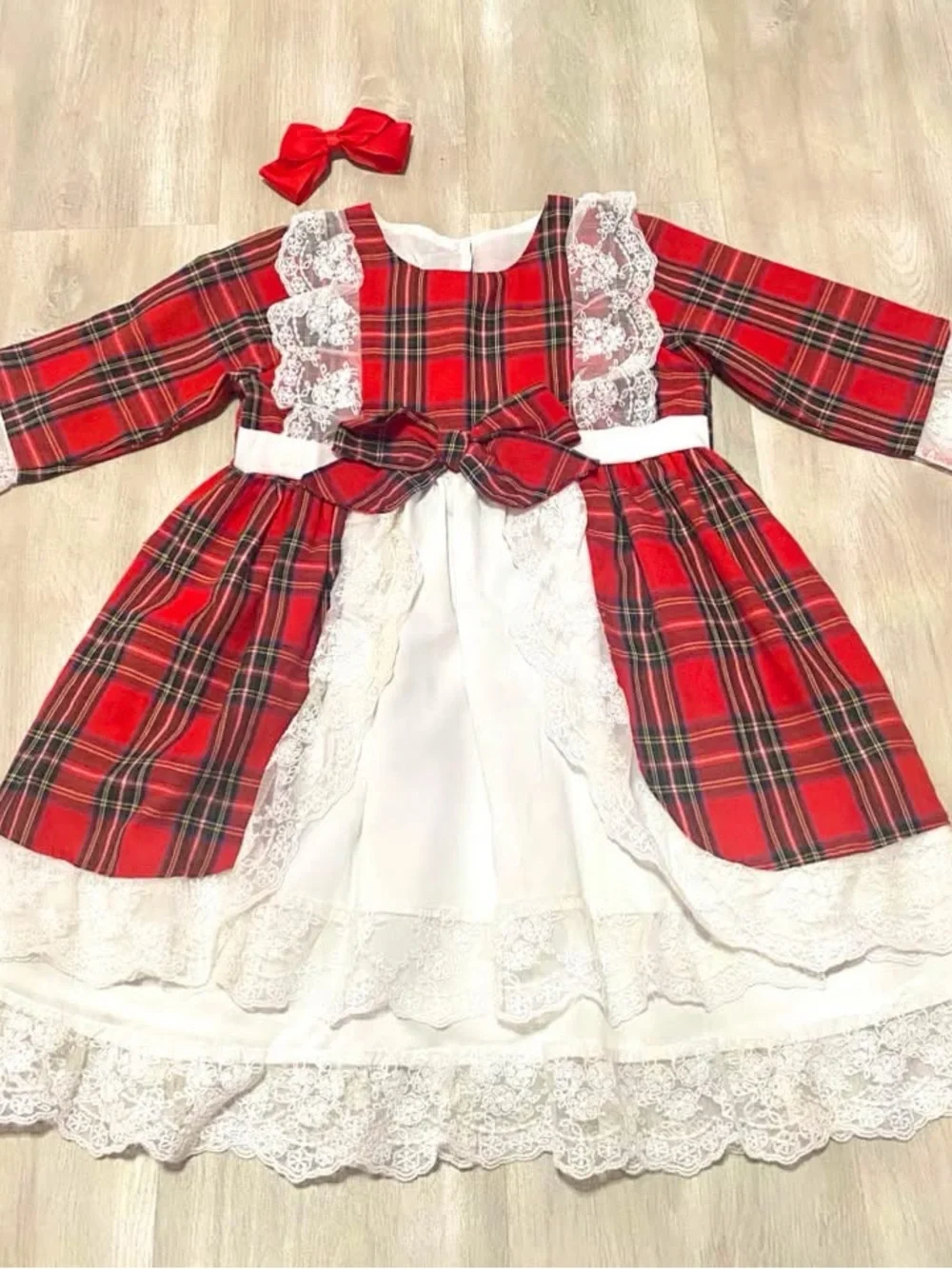 Girls Red Plaid Lace-Trim Holiday Dress with Bow